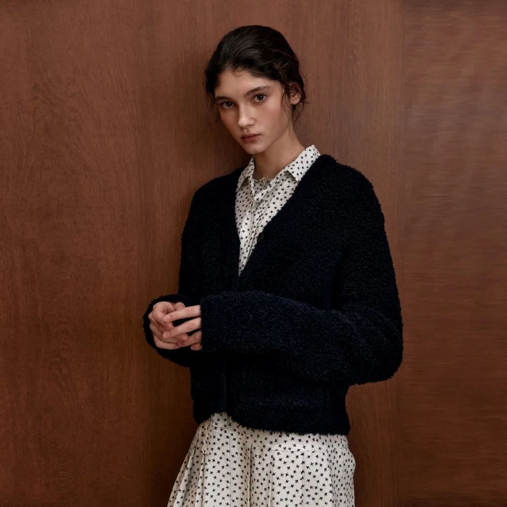 TEDDY BEAR WOOL KNIT CARDIGAN BLACK
