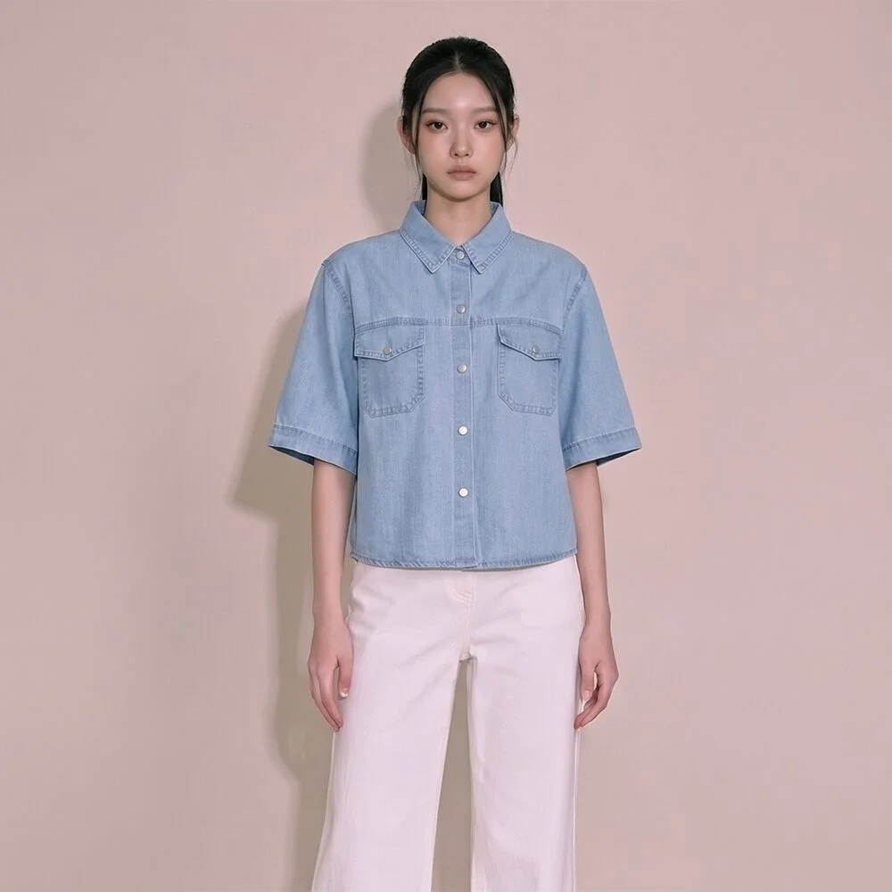口袋 牛仔 雪紡衫 NVJBLQF990