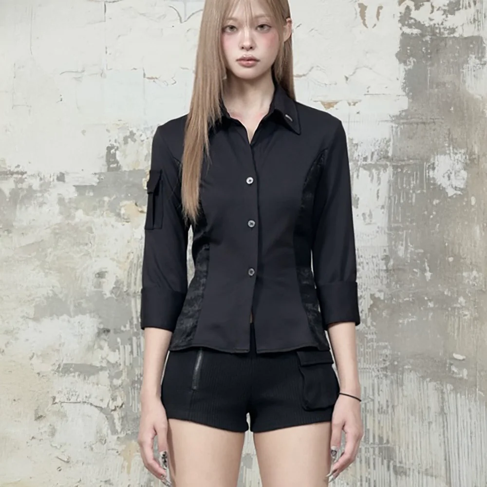 Jacquard Corset Line Pocket Shirt (Black)