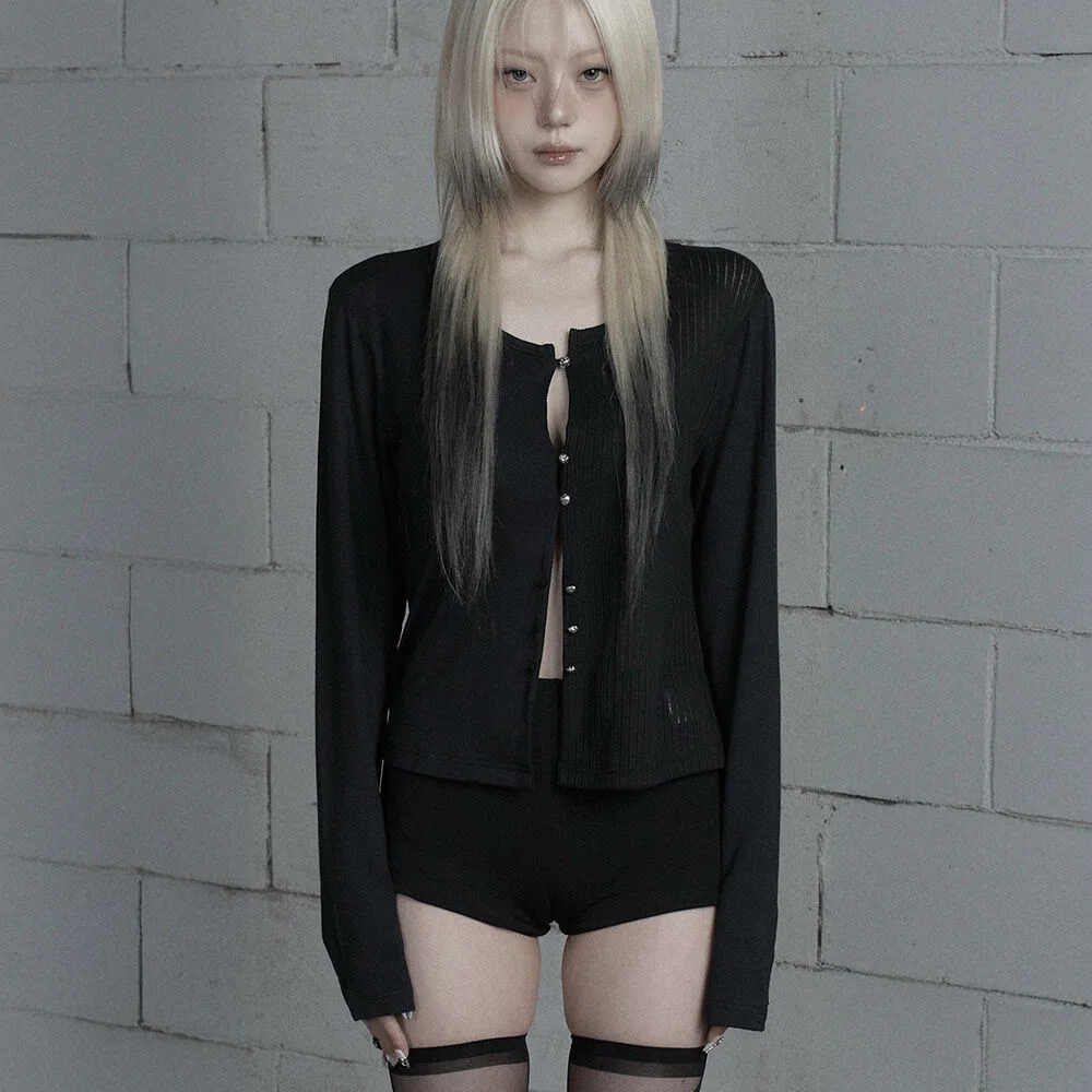 Unbal Color-Block Button Point Cardigan (Black)