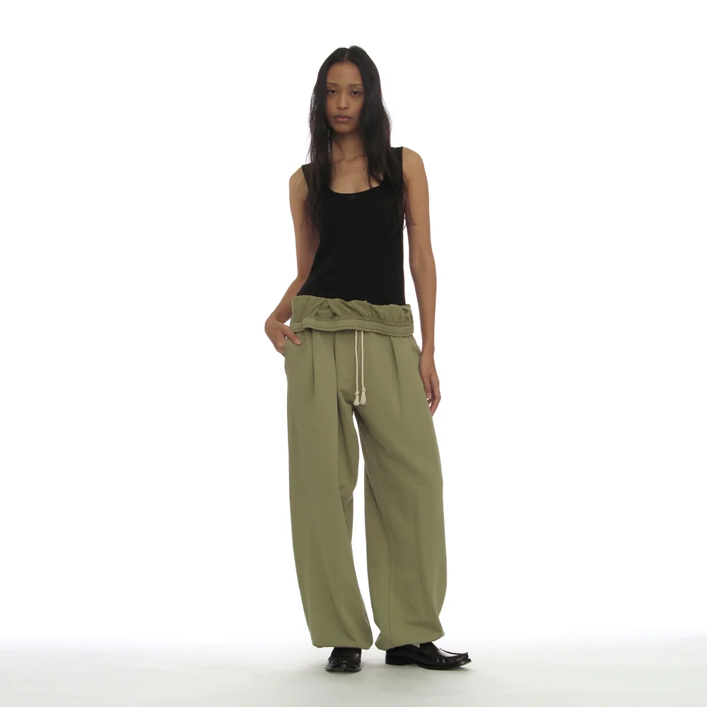 FOLDOVER WAIST PLEATED SWEATPANTS_DUSTY GREEN