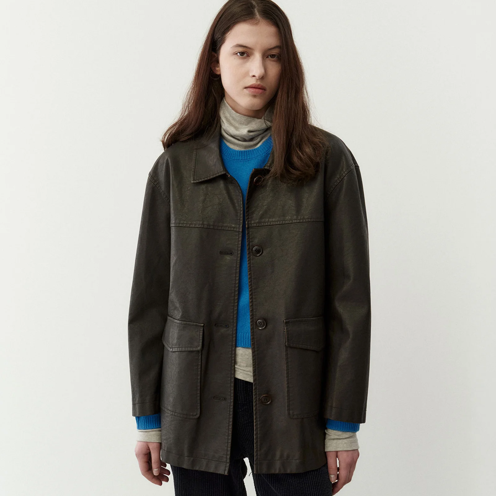 Garment Washed Leather Long Jacket ( D/Brown )