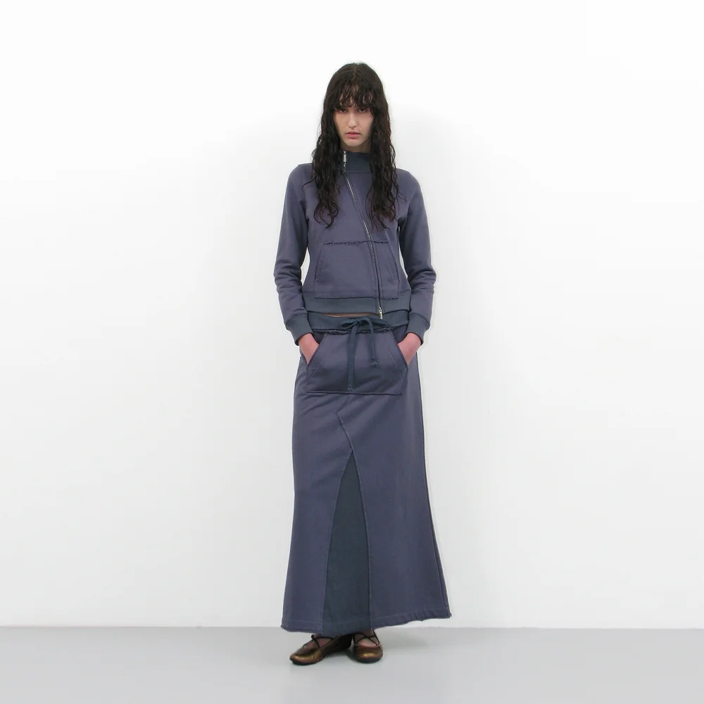CUT-OFF POCKET SWEAT MAXI SKIRT_DUSTY BLUE