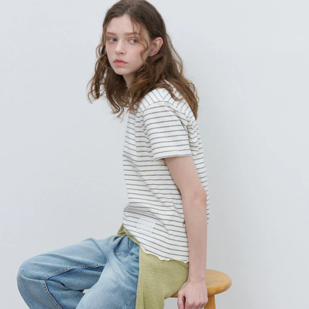 Rib-wave stripe T-shirt _Ivory