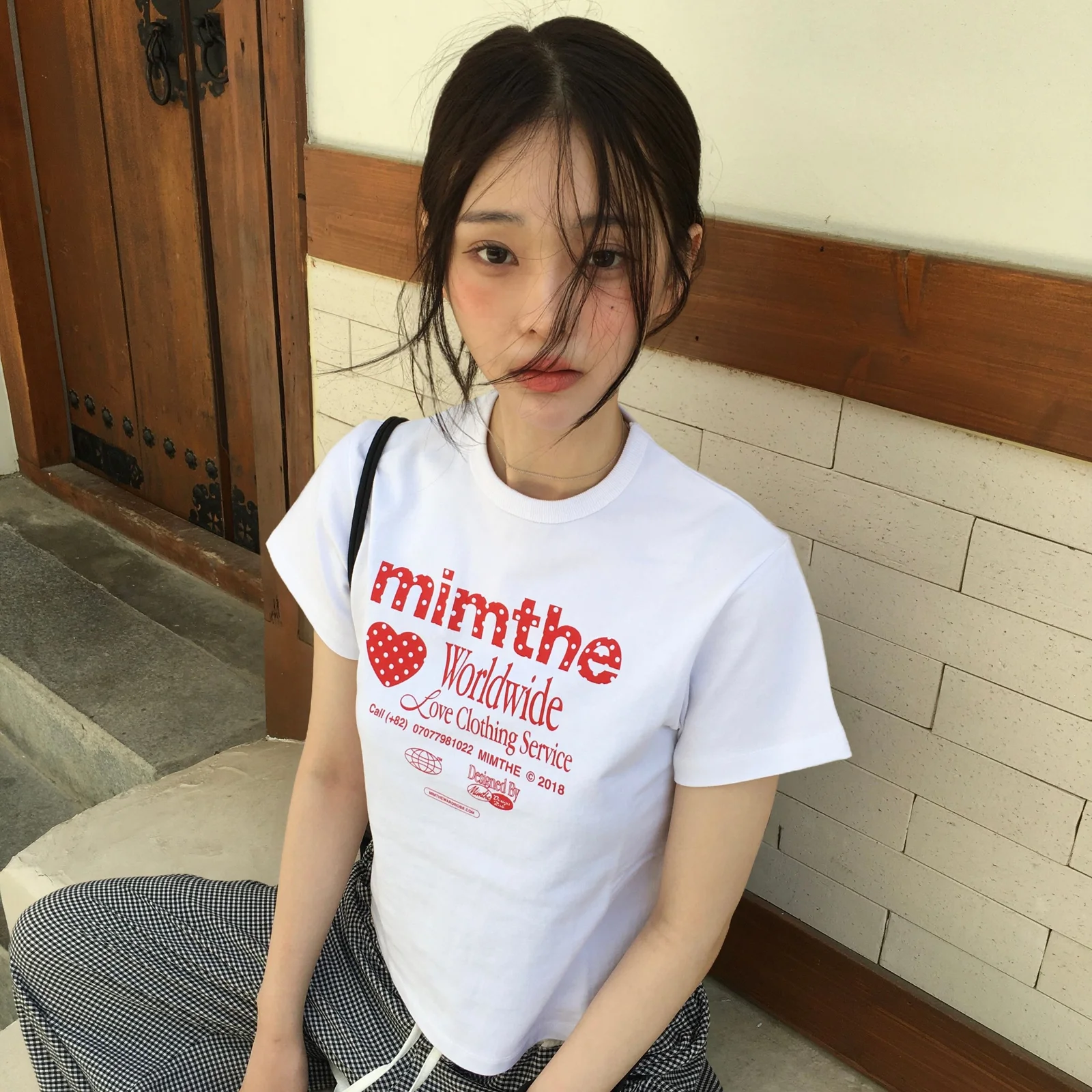 Mimder 圓點 短版 T恤_白色/紅色
