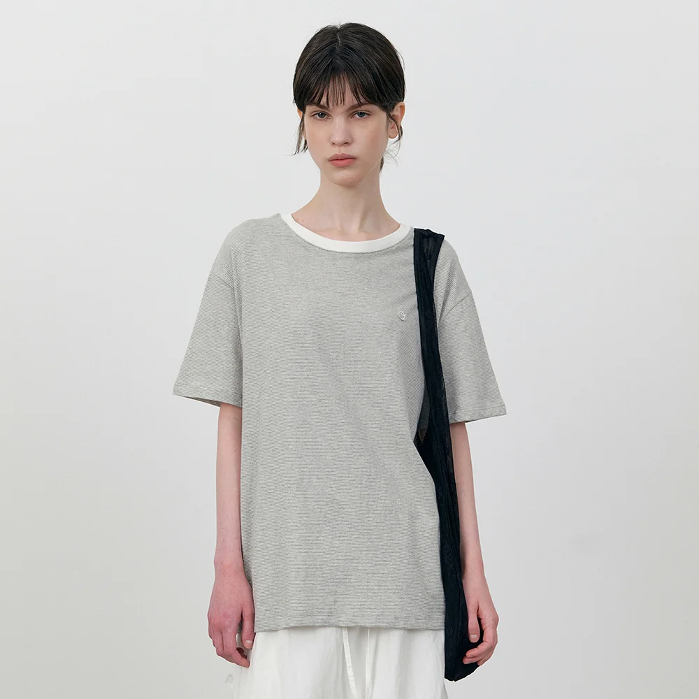 Applique logo stripe oversized t-shirt_Gray