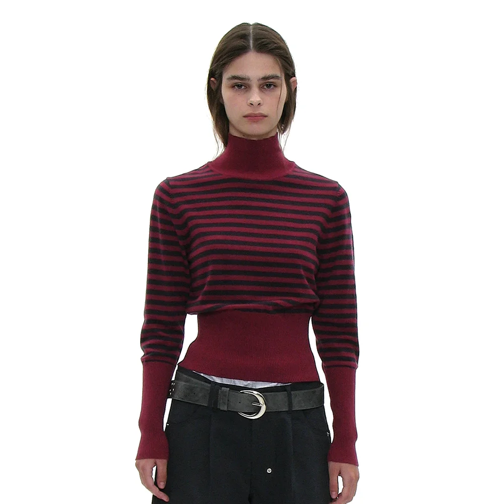 PWC HIGHNECK BACK BUTTON-UP KNIT TOP_PLUM STRIPE