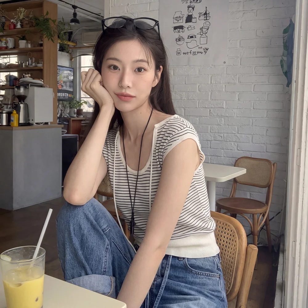 MARINA CAP SLEEVE U NECK KNIT (CREAM BLACK)