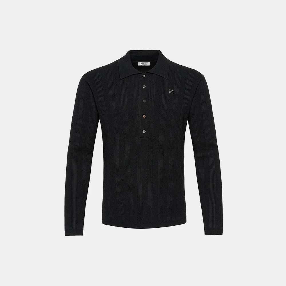 MERINO RIBBED KNIT POLO SHIRT - BLACK