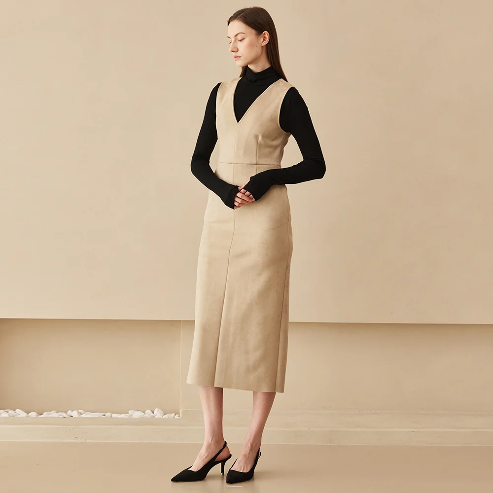 Sleeveless Suede Dress-Beige