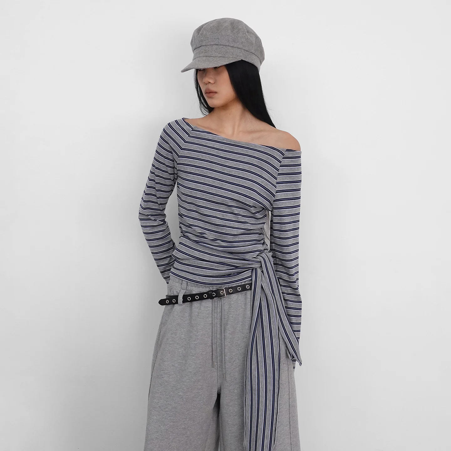 STRIPE STRAP T-SHIRT_MELANGE GREY