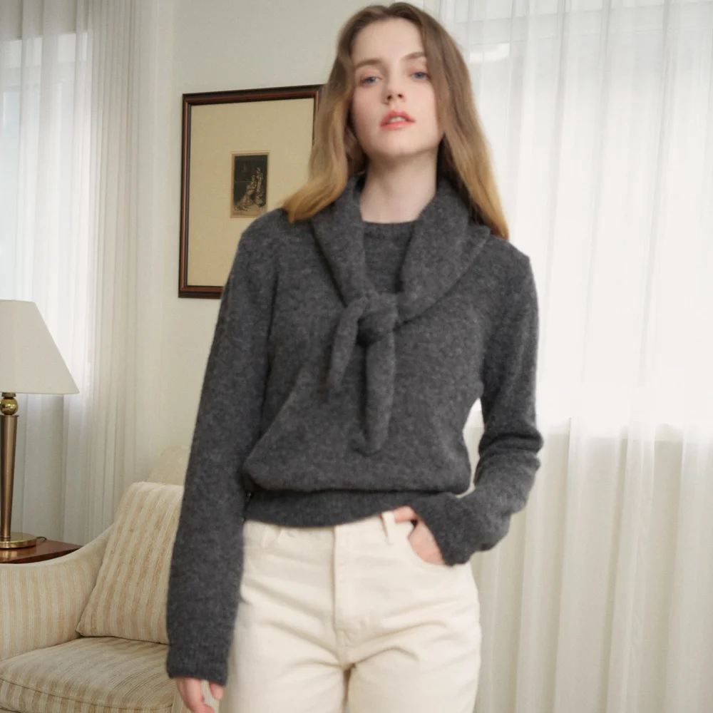 Wool Round Neck knit Muffler Set (Charcoal)