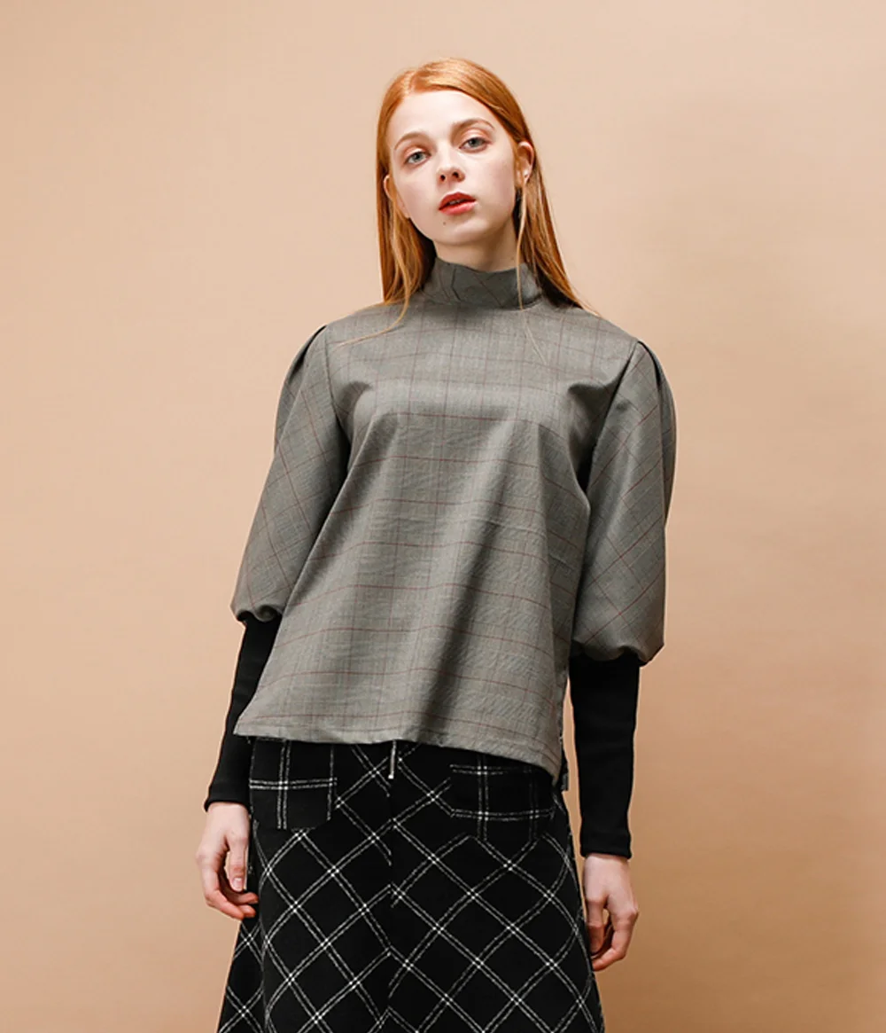 CHECK PUFF SLEEVE BLOUSE_BROWN
