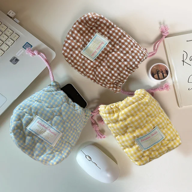絎縫 格紋 束繩 化妝袋 travel pouch