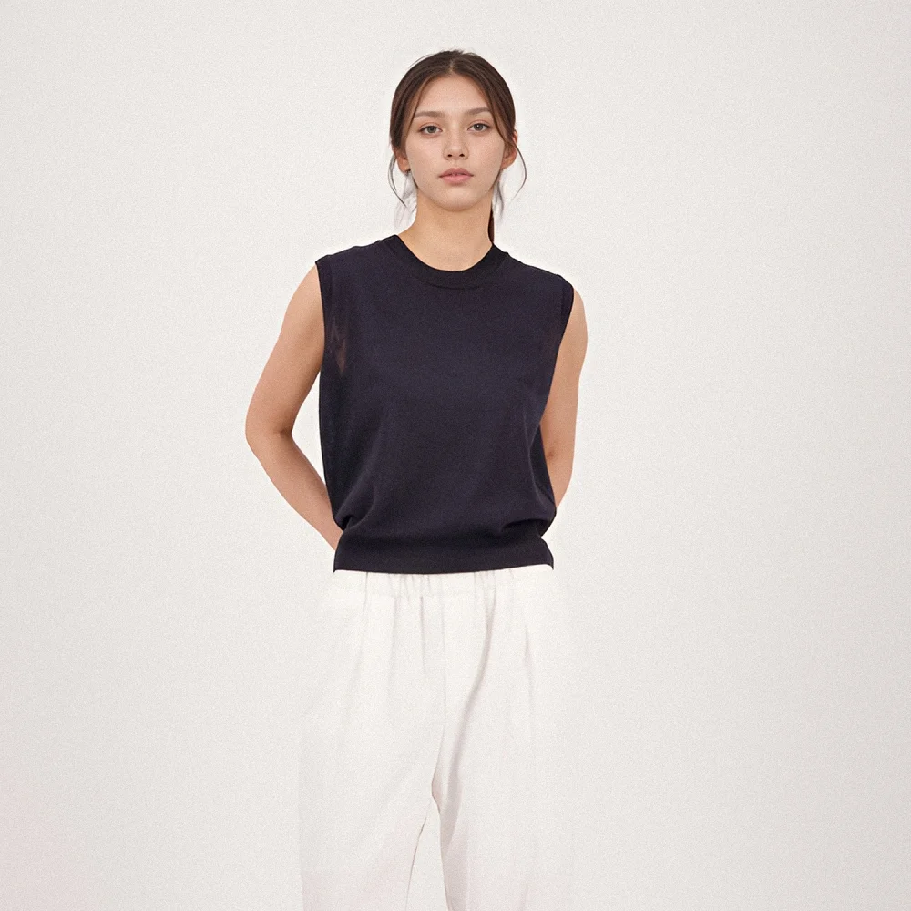 Linen Round Neck Sleeveless Knit _Navy