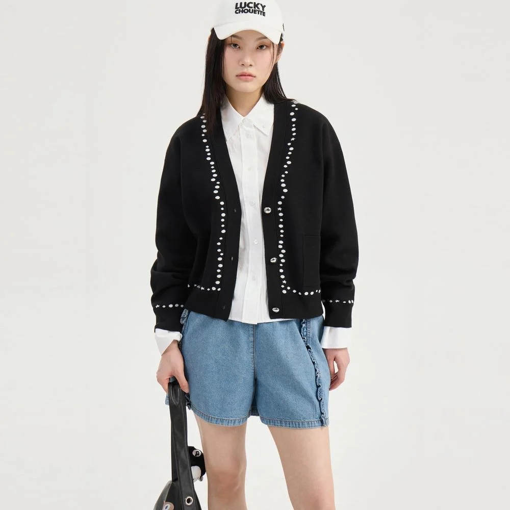Dot Line Back Chouette Knit Cardigan (Black) LFWCM26300BKX