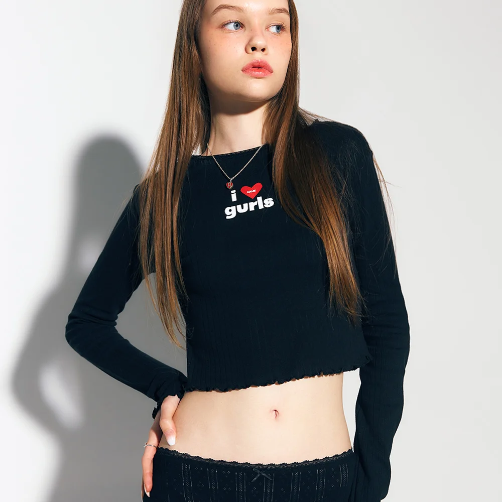 GURLS CROP LACE LONG SLEEVE T-SHIRT BLACK
