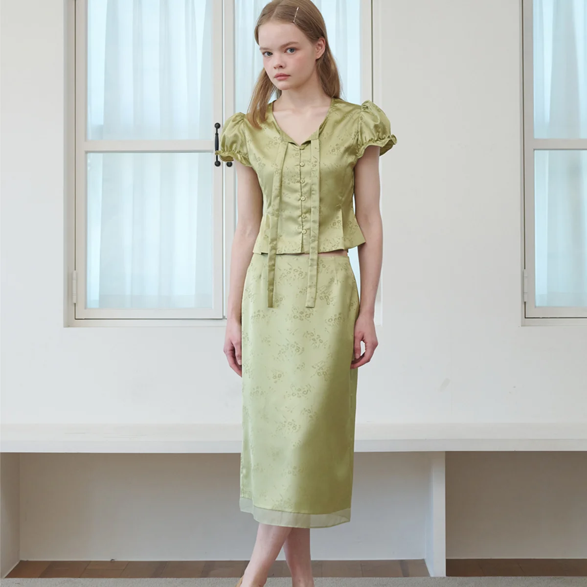 Organza Point Jacquard Satin Midi Skirt Flower Olive
