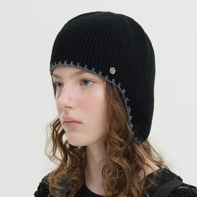 Stitch Point Ear Flap Beanie - Black