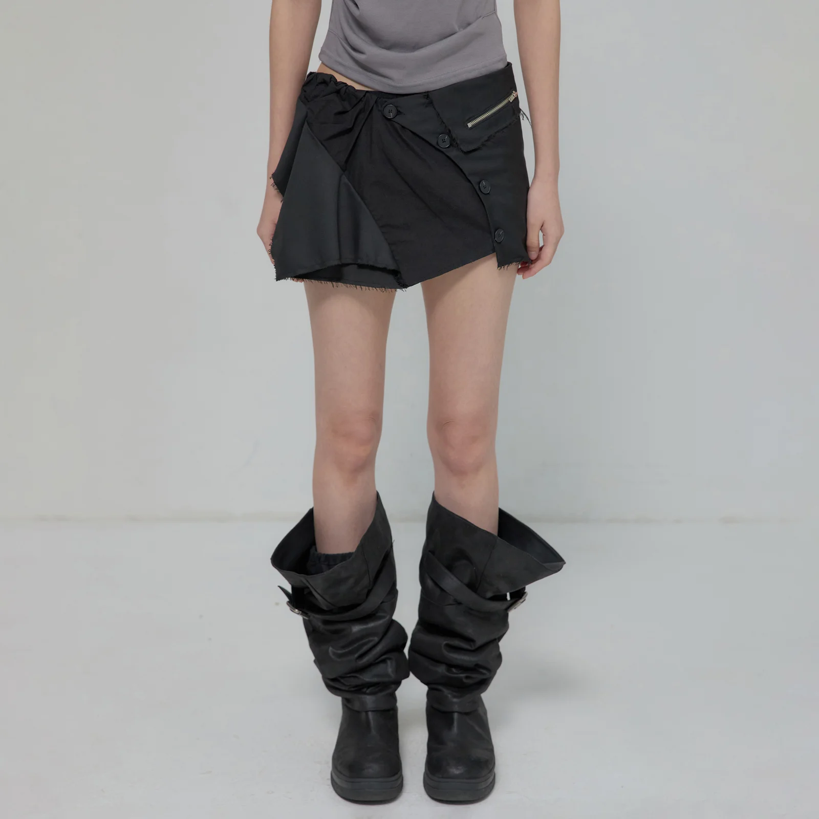 Asymmetrical Layered Mini Skirt (FL-267_Black)