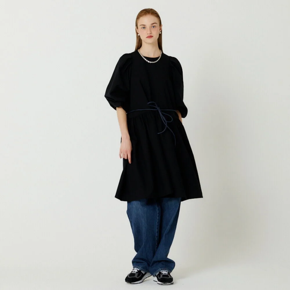 PUFF SHIRRING MINI WOOL DRESS(BLACK)