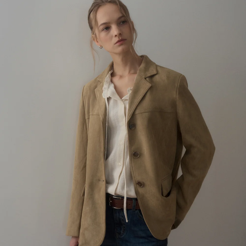 3- BUTTON BASIC FAKE SUEDE JACKET_BEIGE