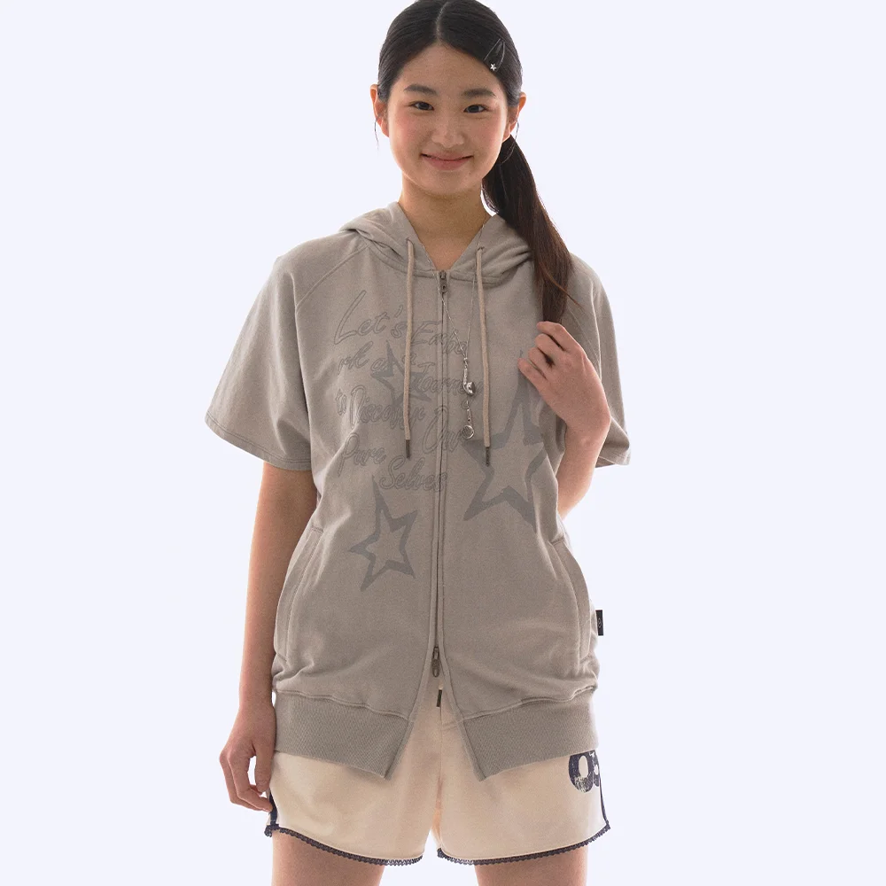 Stella 短袖 連帽衫 拉鏈 淺 灰色