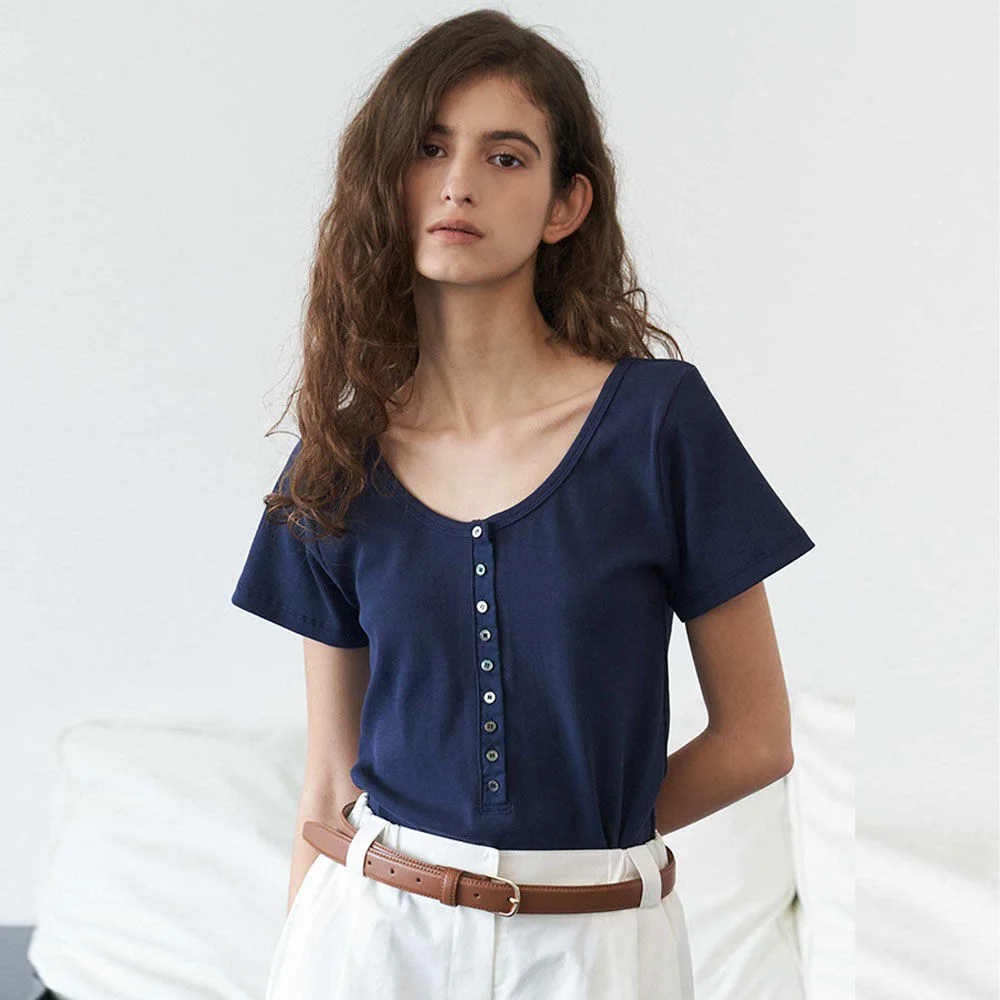 U-Neck Button T-Shirt(Navy)