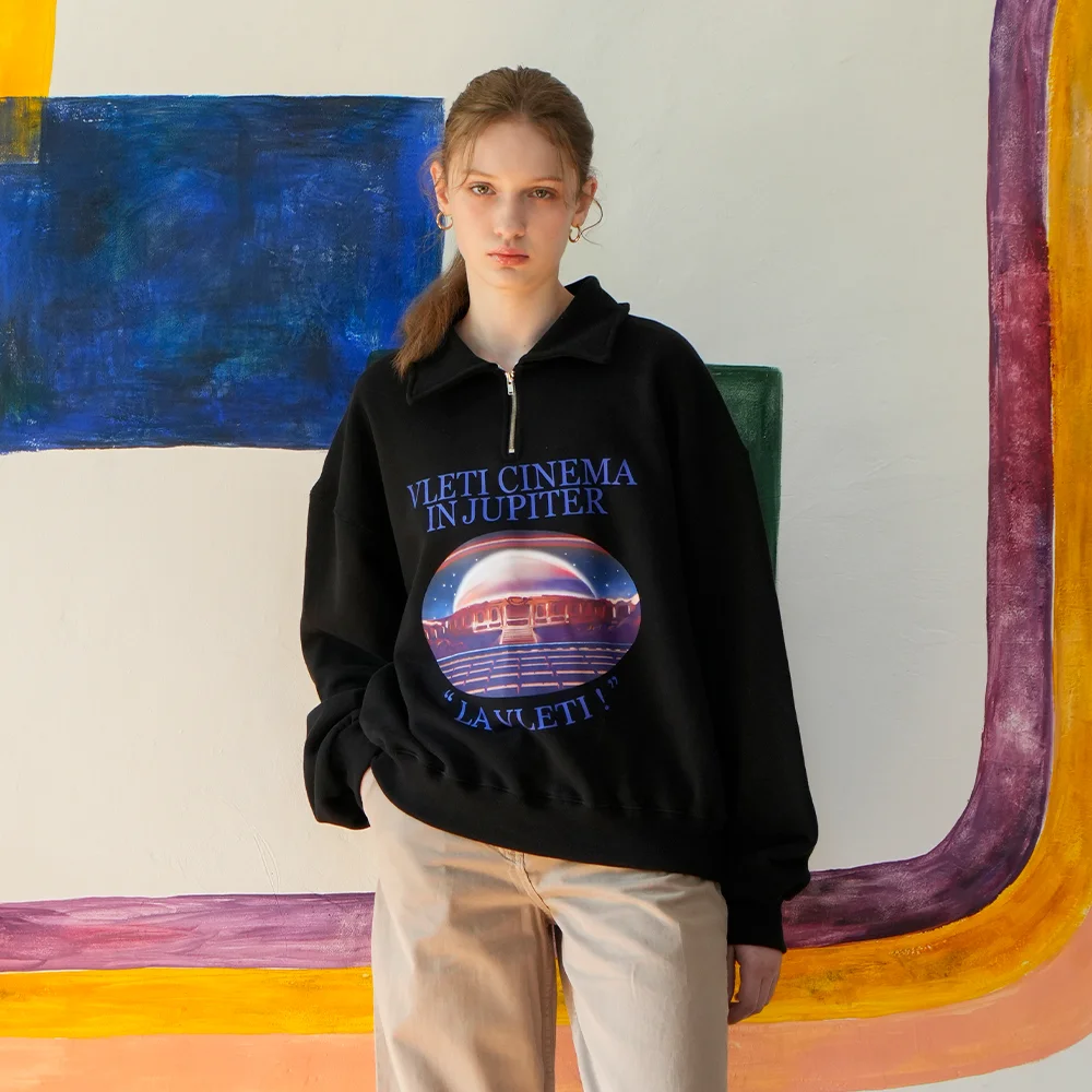 Art Work Printing Half Zip-up Sweatshirt (Black Purple)