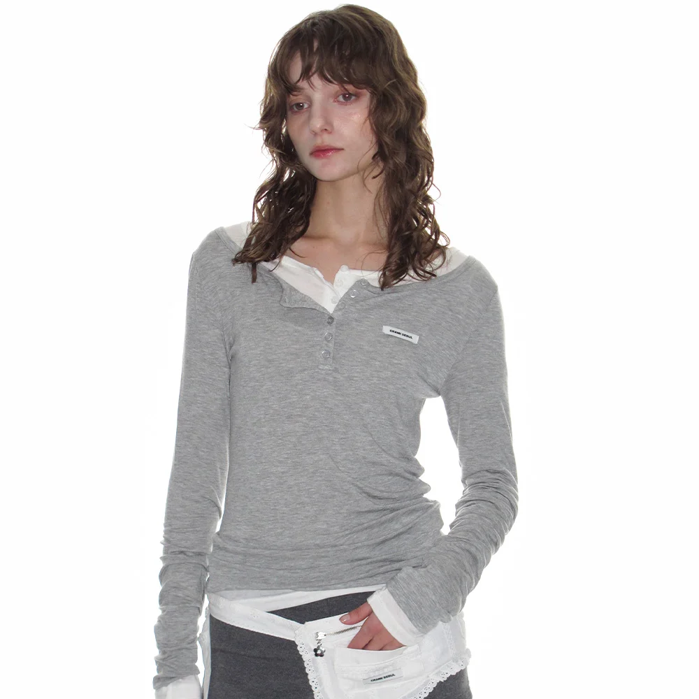 BASIC HENLEY NECK TOP_MELANGE GREY
