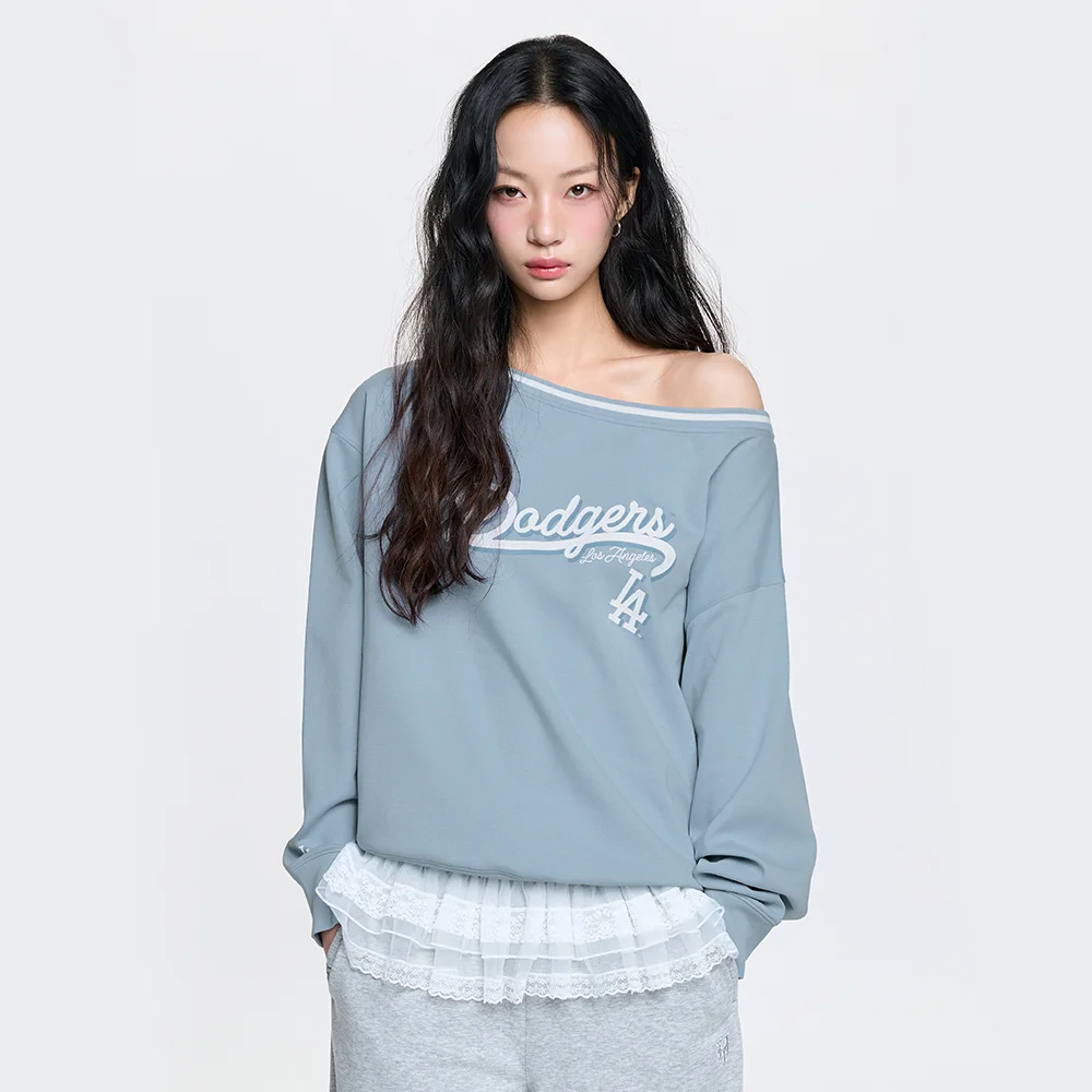 女裝 棒球外套 運動風 露肩 衛衣 LA (L.SKY BLUE)