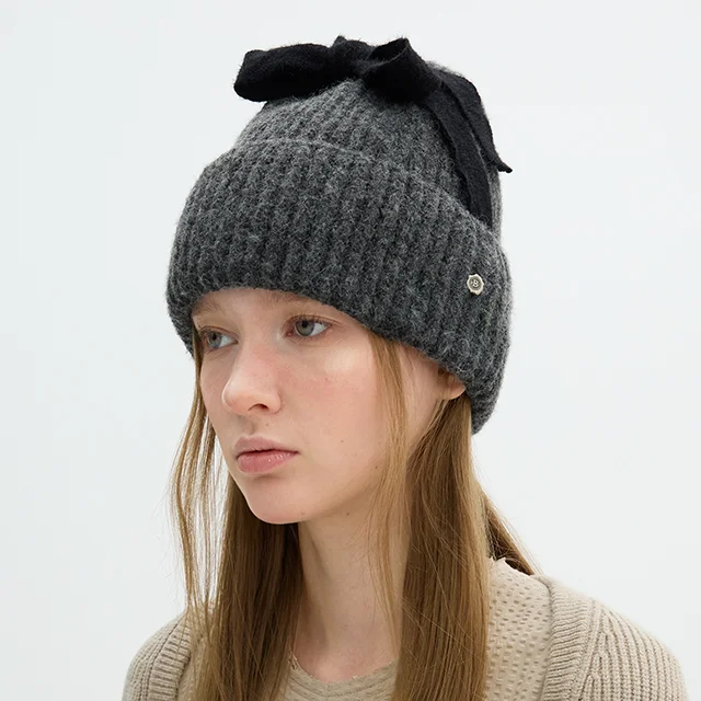 Ribbon Detail Beanie - Grey