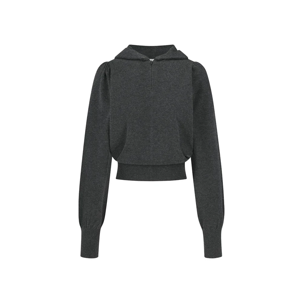 Shirring half zip up knit hoodie, Charcoal