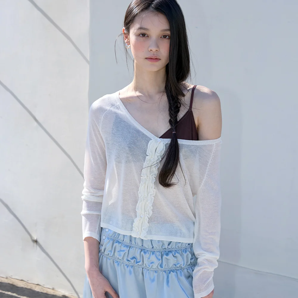 Ruffled Off Shoulder Cardigan Ivory