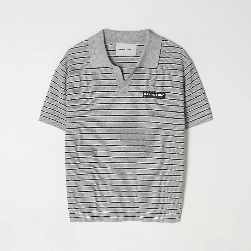 Multi Stripe Open Collar Sweater (Light Grey)
