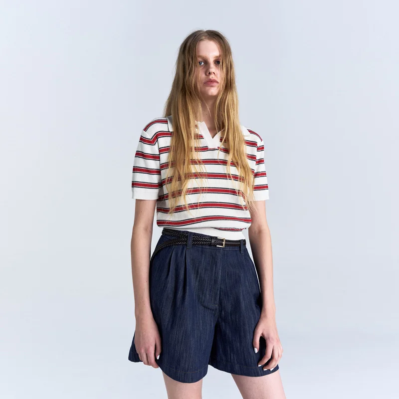 W STRIPED KNIT POLO SHIRT - IVORY