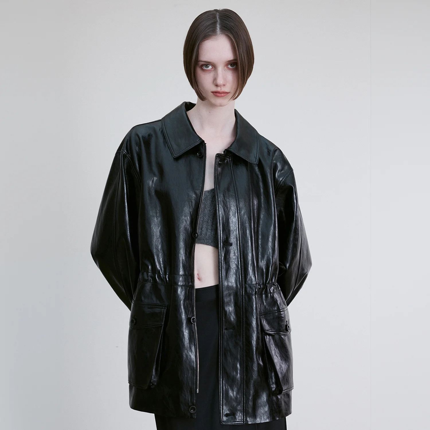DRAWSTRING WAIST VEGAN LEATHER JACKET