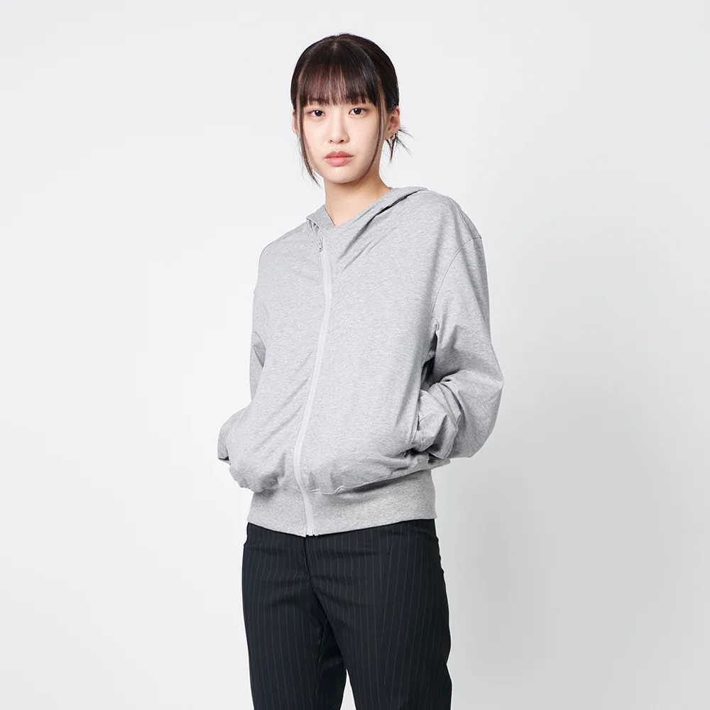MENS CURVED HOODED COTTON ZIP JACKET (LIGHT FABRIC) MELANGE GREY