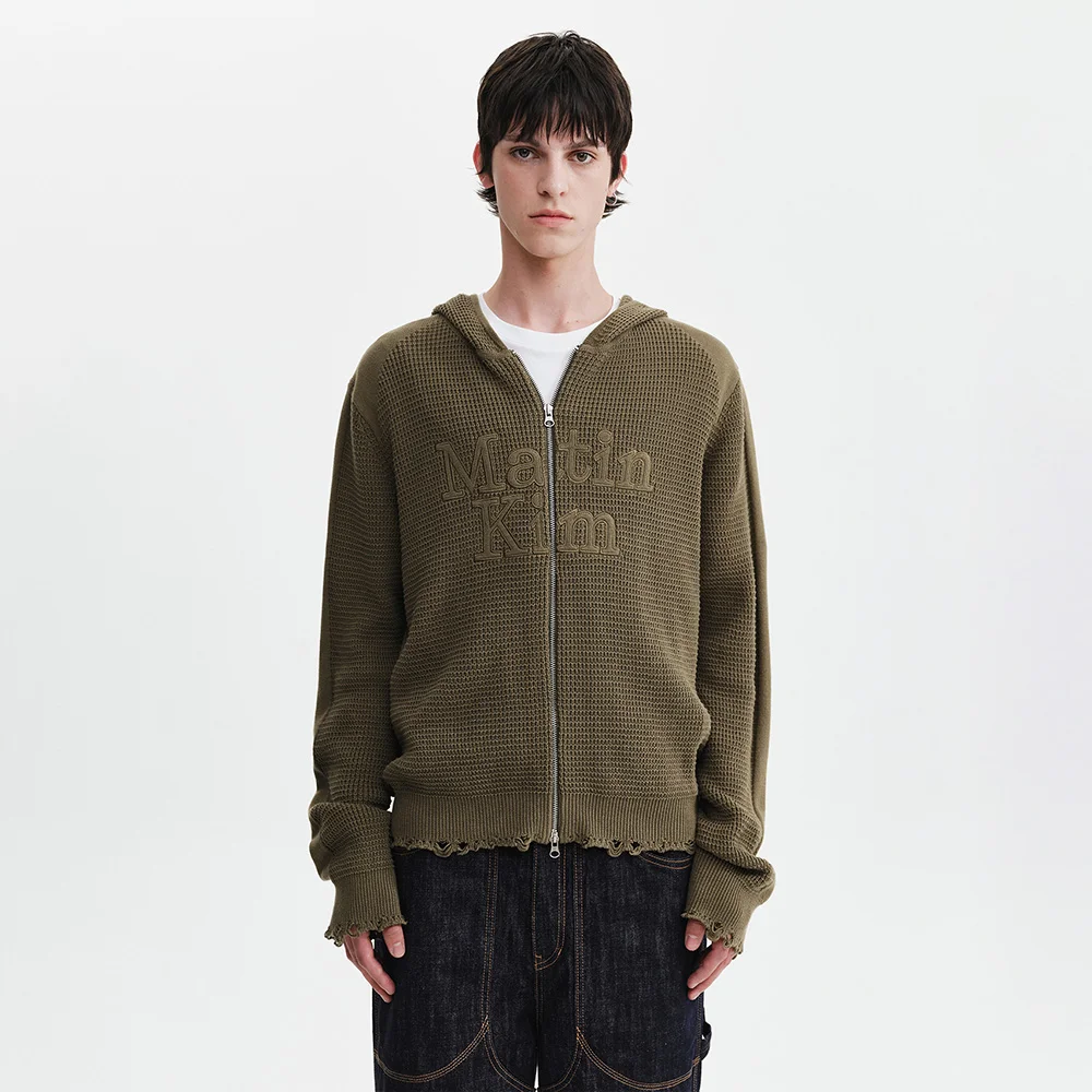 WAFFLE TEXTURE HOODY KNIT ZIP UP IN KHAKI