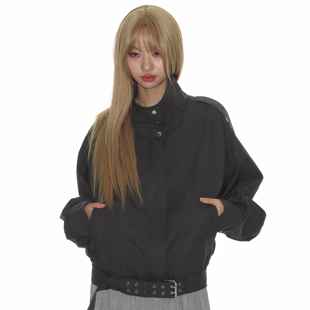 HIGH NECK BELTED BLOUSON JACKET_ASH KHAKI