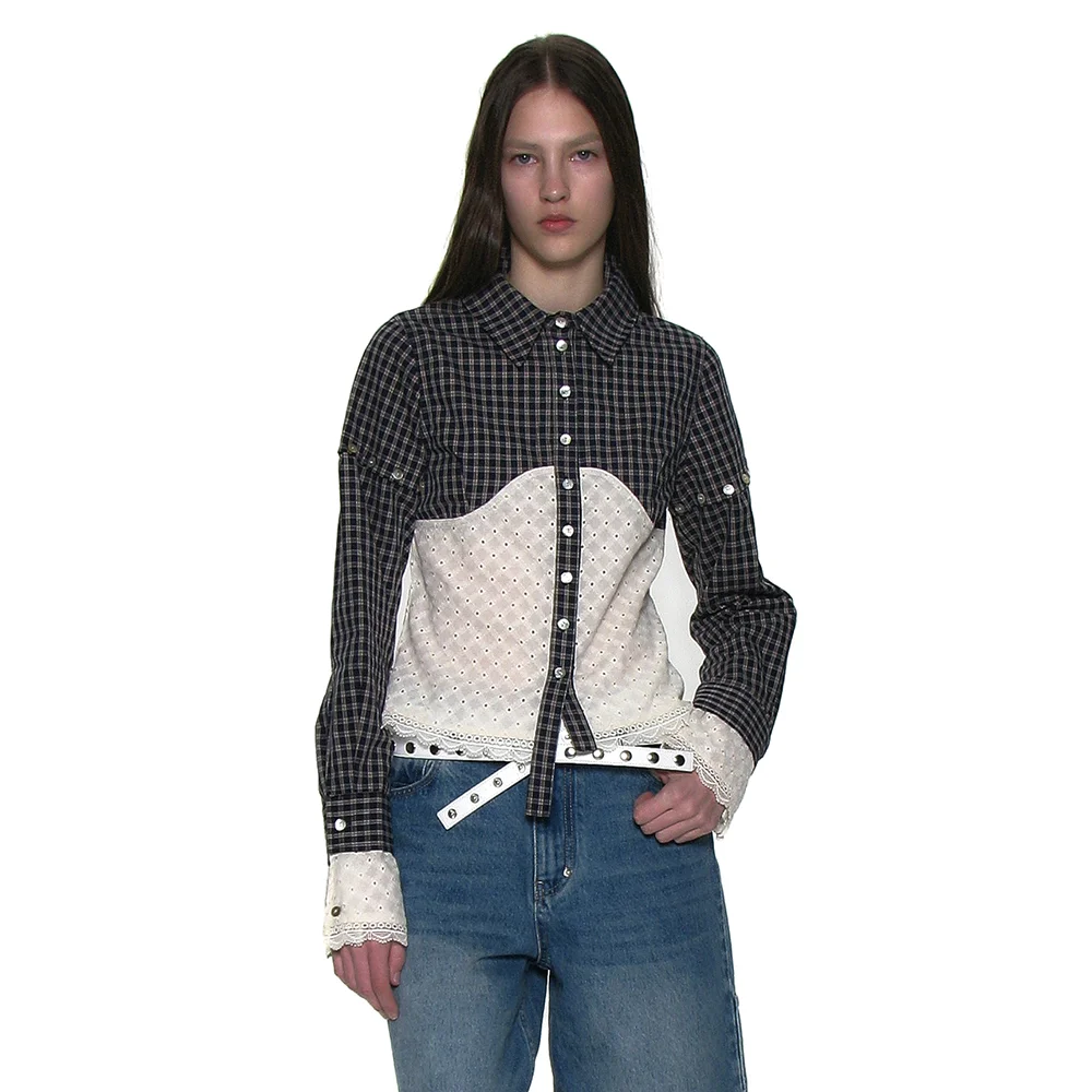 CHECK LACE EMBROIDERY COMBI SHIRT_NAVY
