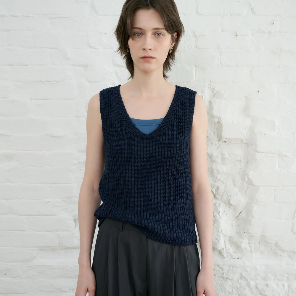 Tape sleeveless knit (navy)