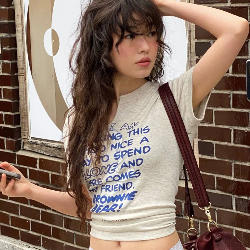 Lettering Graphic Neck Slit Slim Fit T-Shirt (otmeal) LATAX26950OTM