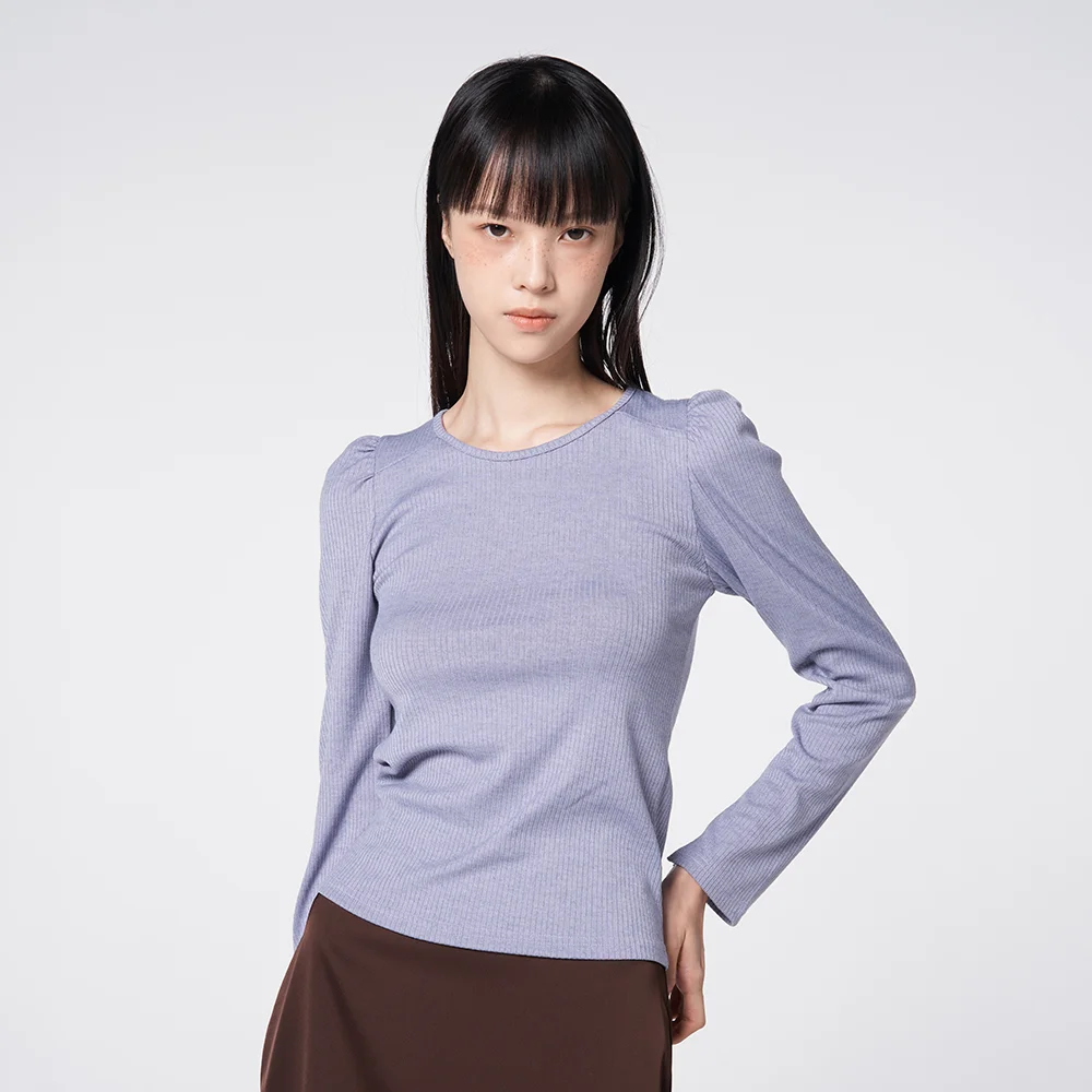 Scoop Neck Puff Sleeve Ribbed Top Purple