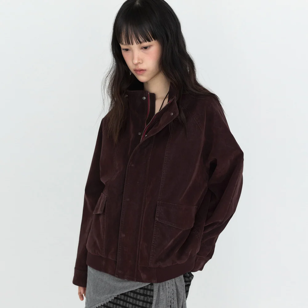 高領 水洗 皮革 短身外套 外套 酒紅色 MDJK051BURGUNDY