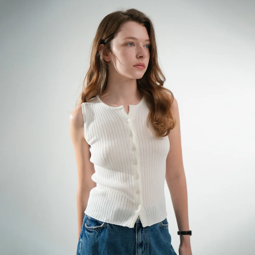 Summer Round Ribbed Button Knit Sleeveless (White)
