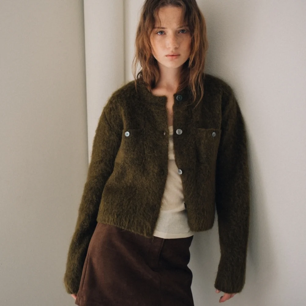 HAIRY WOOL KNIT CARDIGAN OLIVE