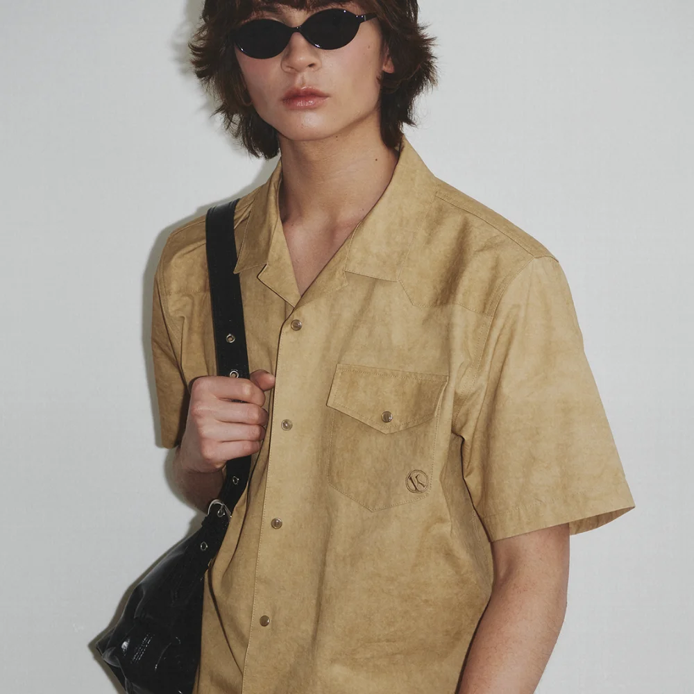 Western Dyed Milling Open Collar Shirt_Camel