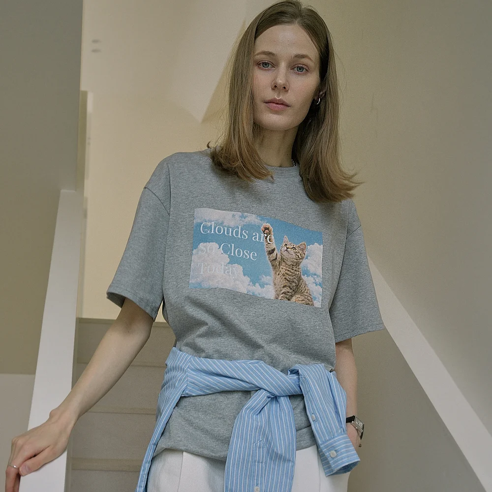 Cotton Oversized Cloud Cat&Lettering Print Tee (gray)