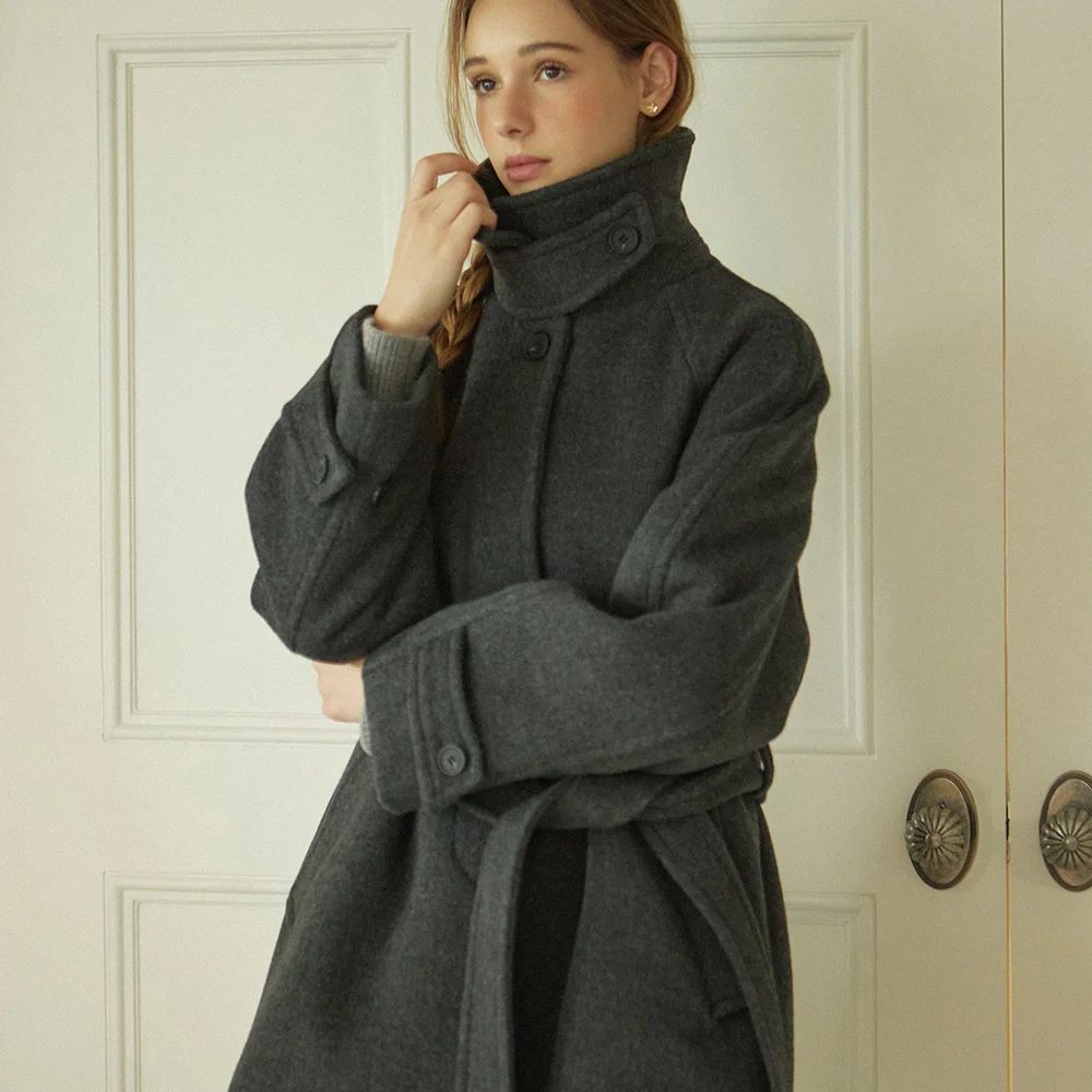 Raglan Belted Wool Half Coat - Charcoal